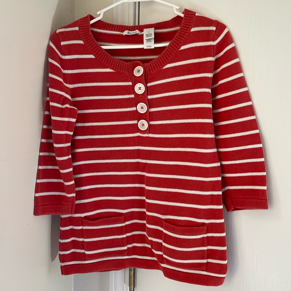 Liz and Co. Orange & White Striped Sweater with pockets 100% cotton 3/4 sleeve M